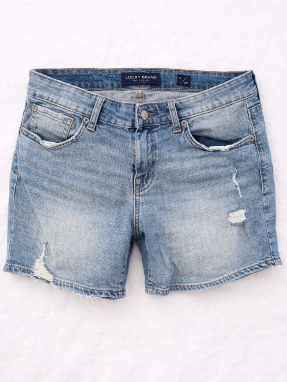Lucky Brand Light Wash Distressed Denim Shorts Mid Rise Size 8 / 29